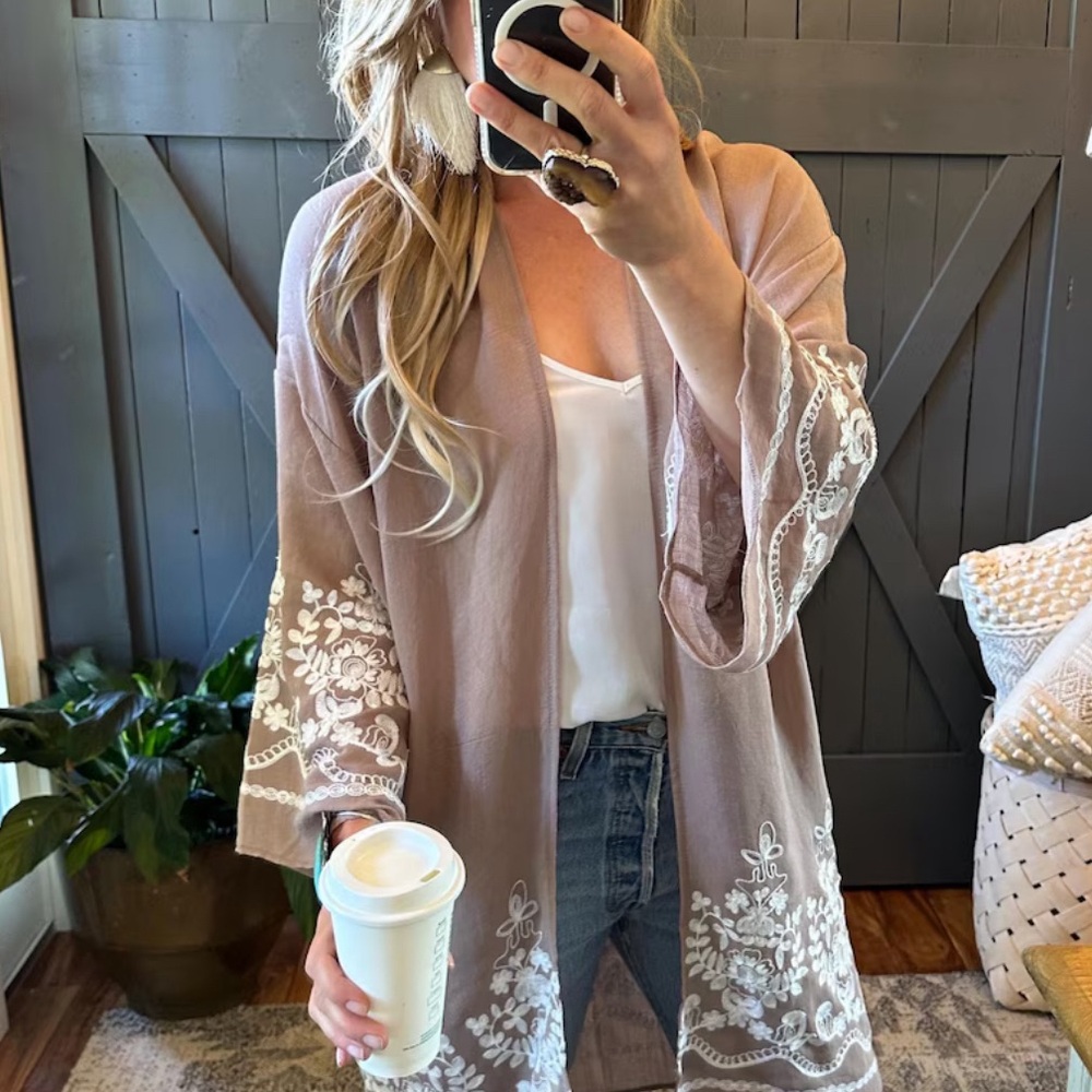 Long Sleeve Embroidered Floral Cardigan Kimono Top